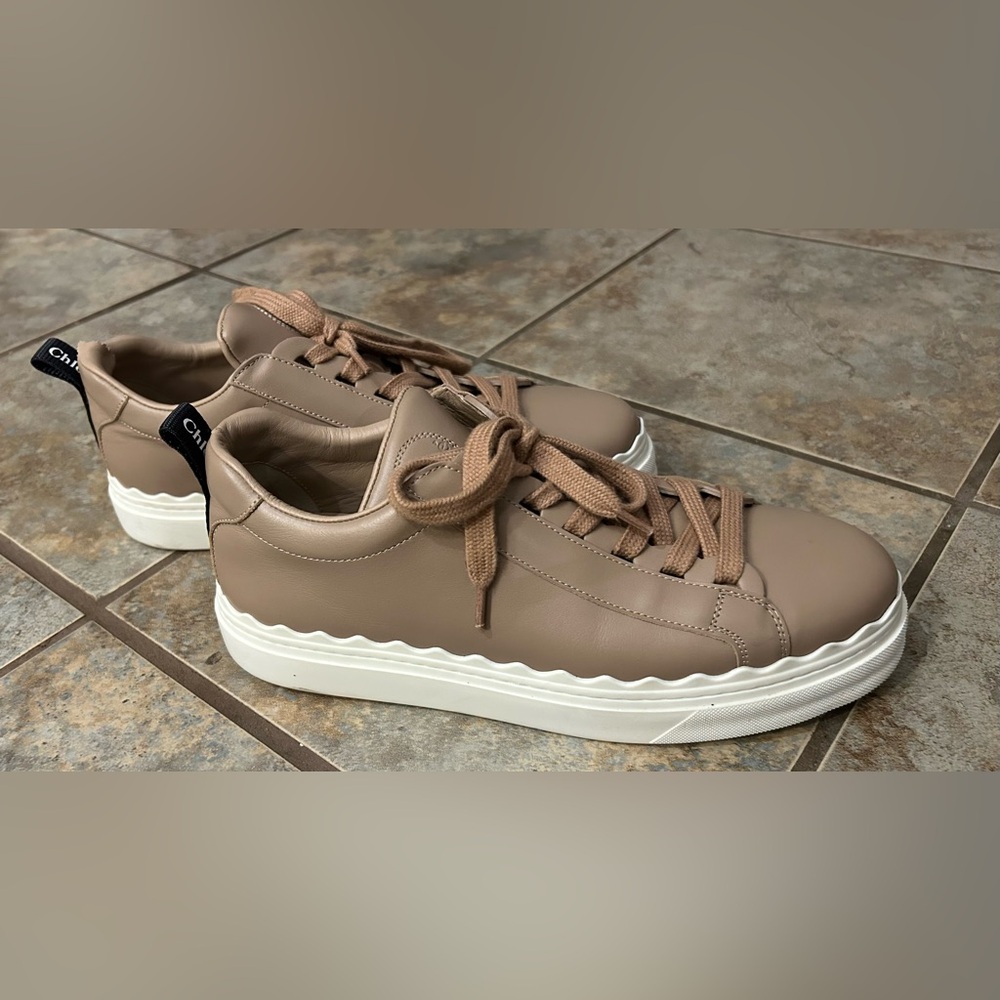 Chloé Taupe Platform Lace-Up Sneakers with White Wave Sole